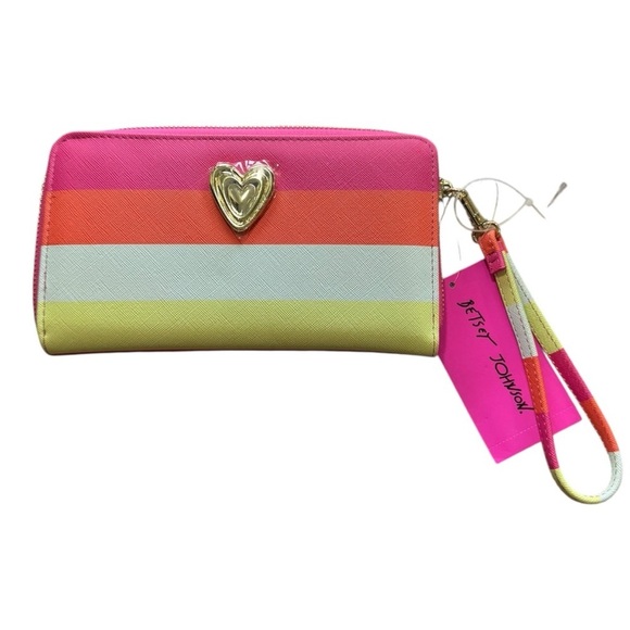 Betsey Johnson Handbags - NWT Betsey Johnson Rainbow Colorblock Gold Heart Zip Wristlet Wallet